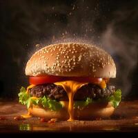 Hamburger with cheese and vegetables on a dark background. Selective focus., Image photo