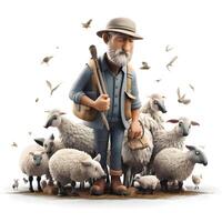 Farmer with sheep and birds isolated on white background. 3d rendering., Image photo