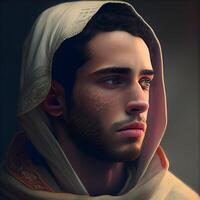 Portrait of a young man in a headscarf. Men's beauty, fashion., Image photo