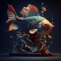 3d illustration of a goldfish in a glass bowl on a dark background, Image photo