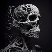 Human skull with floral pattern on dark background. 3D illustration., Image photo