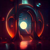 Futuristic portal with glowing neon lights. 3D rendering., Image photo