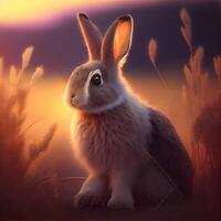 Rabbit in the meadow at sunset. 3D rendering., Image photo