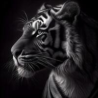 Black and white portrait of a tiger on a black background. 3d rendering, Image photo