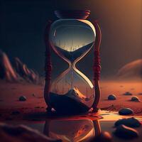 Hourglass with sand and mountains in the background. 3d rendering, Image photo