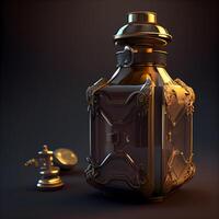 3d ilustración de un botella con un magia elixir en un oscuro fondo, ai generativo imagen foto