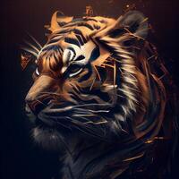 Tigre cabeza con fuego efecto en oscuro fondo, digital cuadro., ai generativo imagen foto