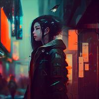 Portrait of a cosplay girl in the dark corridor of a futuristic city., Image photo