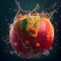 Orange with pomegranate and fruit splashing on black background, Image photo