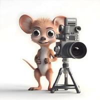 3D rendering of a cute cartoon mouse with a camera on a white background, Image photo