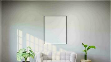 Sofa furniture and mockup empty photo frame on wall. 3D rendering video