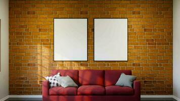 Sofa furniture and mockup empty photo frame on wall. 3D rendering video