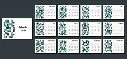 Calendar 2024 geometric patterns. Monthly calendar template for 2024 year with geometric shapes. vector