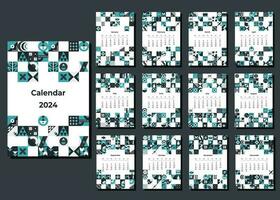 Calendar 2024 geometric patterns. Monthly calendar template for 2024 year with geometric shapes. vector