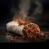 Burrito with meat and vegetables on a black background. Copy space., Image photo