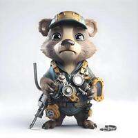 3d illustration of a cute cartoon bear in a military uniform with guns, Image photo