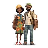 Happy African American couple with travel bags on a white background. 3d rendering, Image photo