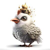 3D rendering of a cute cartoon quail with a crown on his head, Image photo