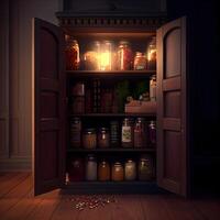 3d render of a vintage jar with spices on a wooden shelf, Ai Generative Image photo