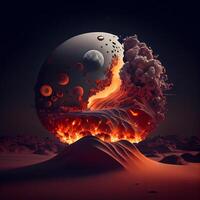 3D illustration of a planet in the desert with fire and smoke, Image photo