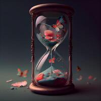 Hourglass with flying butterflies. Concept of time passing. 3d rendering, Image photo