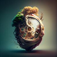 Time is money concept as a human hand holding a clock made of gears and cogwheels as a 3D illustration., Image photo