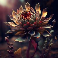 Fantasy flower in dark forest. 3D illustration. Toned., Image photo