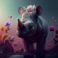 White rhinoceros with crown and flowers. 3d rendering, Image photo