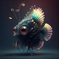 3d ilustración de un resumen pescado con música notas en un oscuro fondo, ai generativo imagen foto