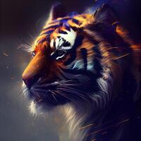 Tiger portrait. Digital painting of a tiger with fire effect., Image photo