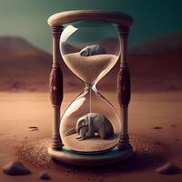 Elephants inside an hourglass in desert. 3d rendering, Image photo