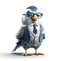 Cute bird with glasses isolated on white background. 3D illustration., Image photo