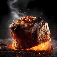 Piece of fried chicken on a black background in the fire., Image photo