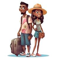 Happy couple of tourists standing in front of old european houses. illustration, Image photo