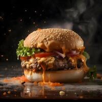 Hamburger with flying ingredients on a black background with smoke., Image photo