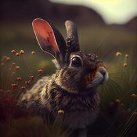 Rabbit in the meadow at sunset - 3D render., Image photo