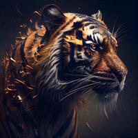 Tiger portrait with fire effect on dark background. Digital painting., Image photo