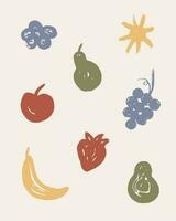 Fruit set. Manual imitation of a dry brush. Abstract drawing of banana, strawberry, apple, avocado, grape, flower, sun. Fruit figurines are hand-drawn. Artistic design elements. Vector illustration