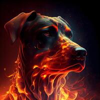 Digital painting of a dog's head in fire and flames on black background, Image photo