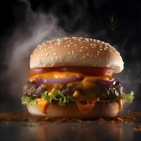 Delicious cheeseburger on a dark background with smoke and flames, Image photo