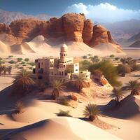 Desert landscape with sand dunes and mosque. 3d rendering, Image photo