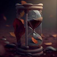 Time concept with hourglass and autumn leaves. 3D illustration., Image photo