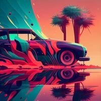 Retro car on the background of palm trees and sunset. illustration, Image photo