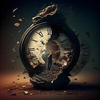 Time concept with old clock and broken glass. 3D Rendering, Image photo