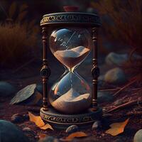 3D rendering of an hourglass in the autumn forest. Time concept, Image photo