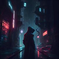 Digital painting of a silhouette of a girl in a raincoat standing in the middle of a dark street at night, Image photo