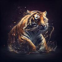 Tiger in water with splash on dark background. Digital painting., Image photo