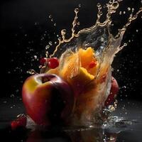 Fruta salpicaduras dentro un rojo manzana en un negro fondo., ai generativo imagen foto
