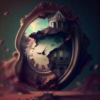 Time concept. Old vintage clock and old house. 3D rendering, Image photo
