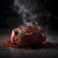 Grilled beef steak with smoke on dark background. Toned., Image photo